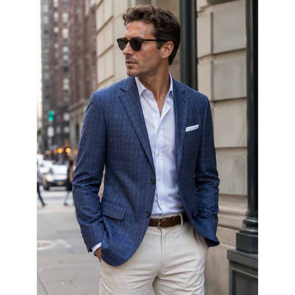 Peter Millar Sport Coat Wool Blazer Mens 42T Blue Plaid Preppy Windowpane